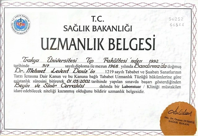 Op. Dr. M. Levent Deniz'in T.C. Sağlık Bakanlığı tarafından verilen Beyin ve Sinir Cerrahisi uzmanlık belgesi, 2002